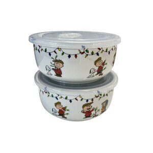 Peanuts Charlie Sally Brown Ceramic Bowls Set W/ Lids Christmas Holiday 6 in